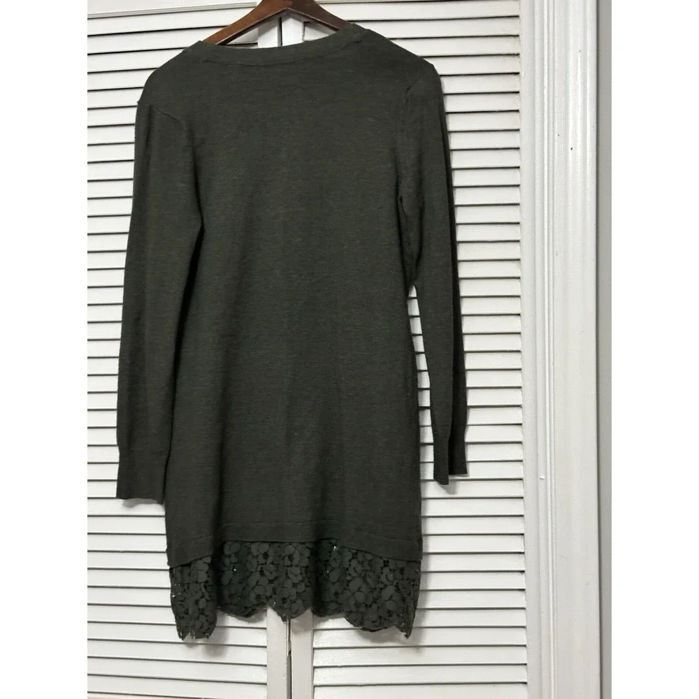 Soft Surroundings XS Tunic Cardigan Sweater Green Lace Hem Deep V-Neck Y2K Style